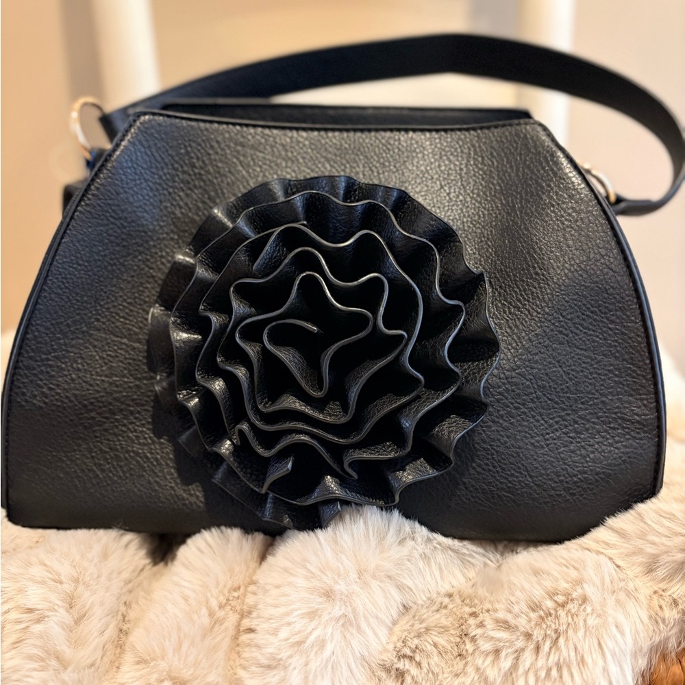 NWT, Elegant Black Leather Bag with Floral Accent, - Picture 2 of 6